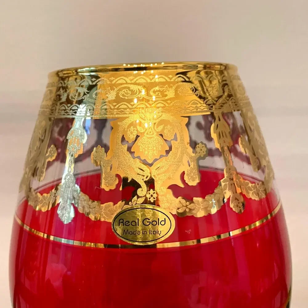 Vintage Style Vecchia Murano Ruby Red Art Glass Vase w/ 24 kt Gold Rim 11in NEW